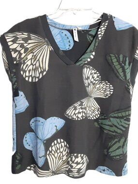 Cable & Gage Blouse LARGE Pullover MODAL Blend Butterfly Short Sleeve V-Neck